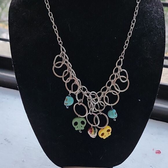 Repurposed Fiesta of Skulls metal hoop statement necklace with clasp enclosure - Picture 4 of 5